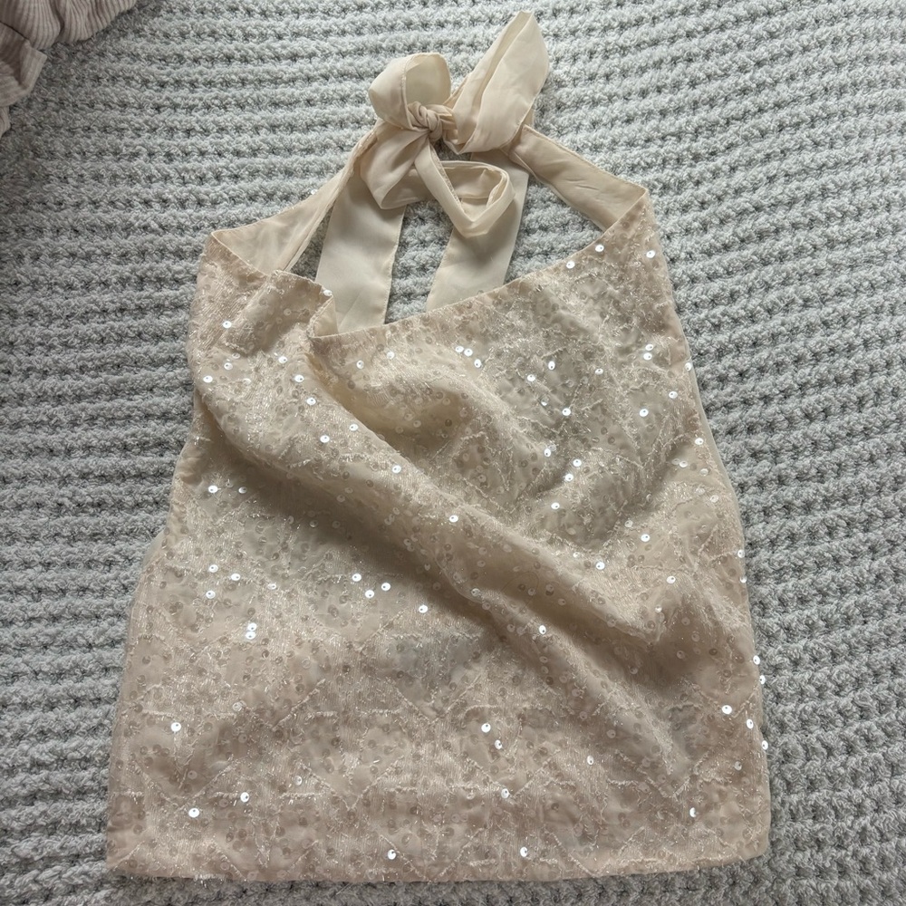 Brand New Sky to Moon Sequined Halter Cowl Neck Top Cream